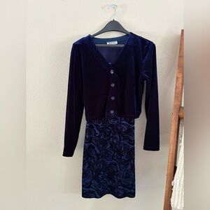 Vintage M Studios Crushed Velvet Dress with Roses & Cardigan size M